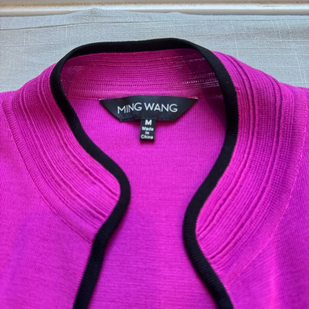 Ming Wang Women's M Fuchsia Textured Twin Set Black Trim Cardigan Shell